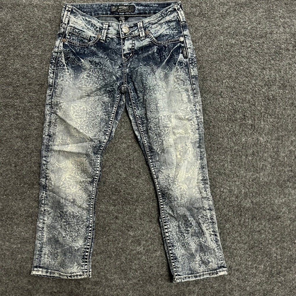 Silver Jeans Co. Capri Womens Size 26 Blue Paisley Acid Wash Aiko Slim Fit Denim